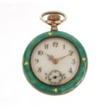 Continental silver and green guilloche enamelled fob watch, import hallmarks London 1908, 28mm in