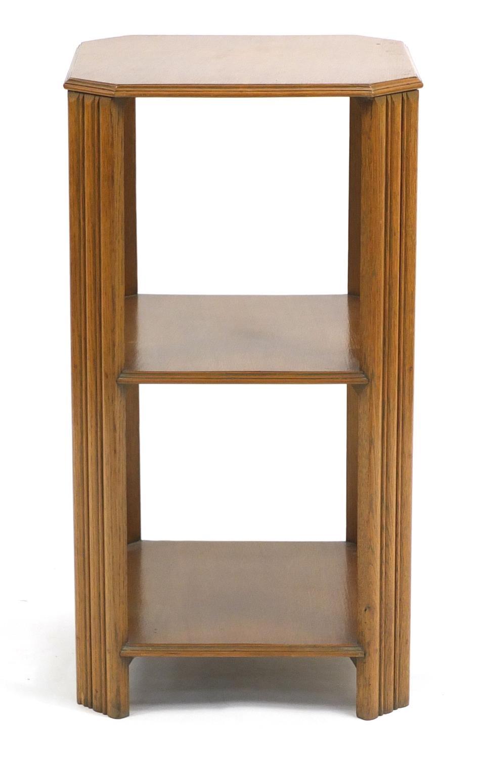 Art Deco oak three tier stand with canted corners, 73cm H x 39cm W x 39cm D : For Further - Image 4 of 4