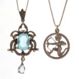 Two silver pendants on silver necklaces including an antique blue stone and marcasite example, 21.5g