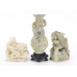 Chinese hardstone and soapstone carvings including a dragon vase on stand, the largest 21.5cm high :