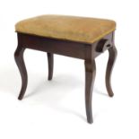 Mahogany piano stool with green upholstered lift up seat, 52cm H x 50cm W x 37cm D : For Further