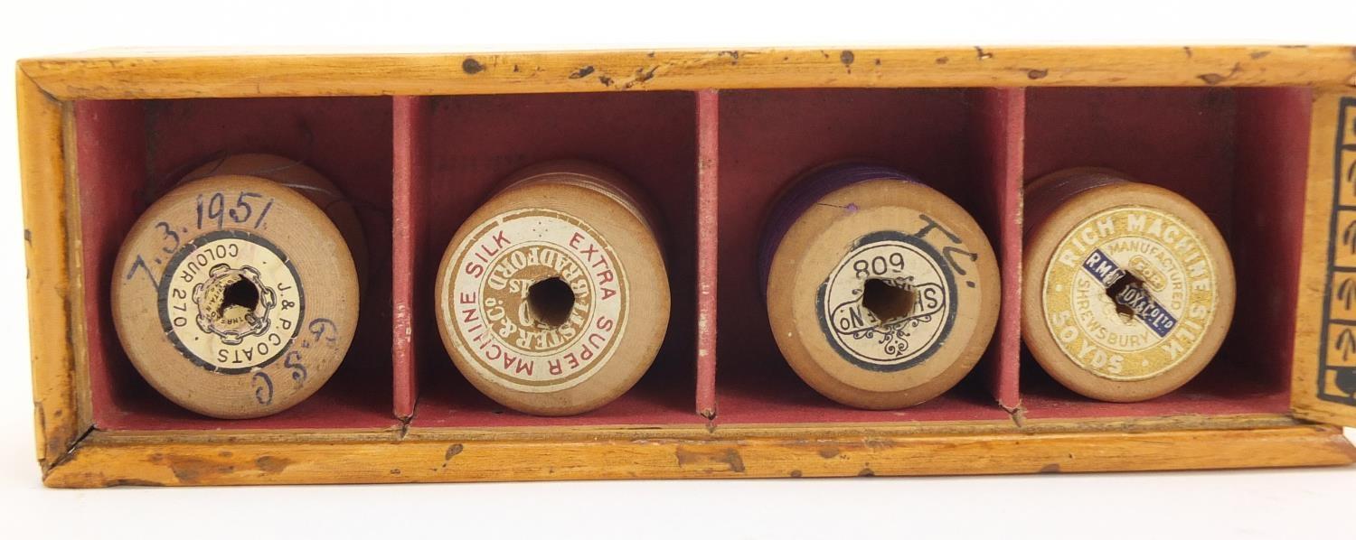 Early Georgian Tunbridgeware whitewood cotton reel box painted with a cottage and trees, 17cm wide : - Image 3 of 12