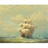 After R H Dean - Rigged ship on stormy seas, oil on canvas, framed, 49cm x 39cm excluding the