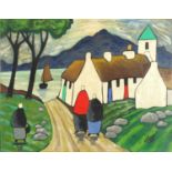 Figures before a church and water, Irish school oil on canvas, framed, 45cm x 35cm excluding the