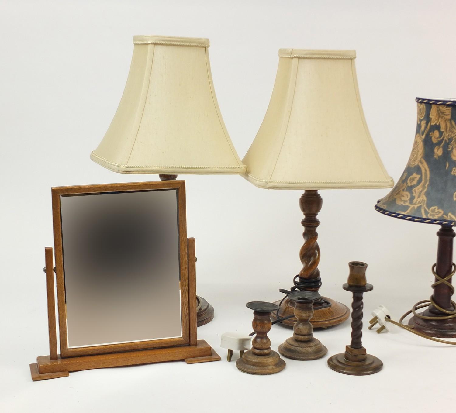 Wooden ware including and Art Deco swing mirror, three carved oak barley twist lamps with shades and - Image 2 of 4