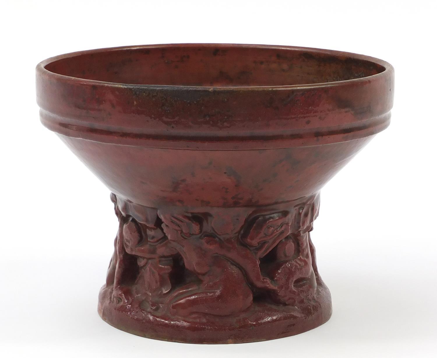 Art Deco style red glazed pottery Adam and Eve centrepiece, 19cm high x 26cm in diameter : For
