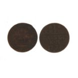1792 Donald & Co stocking manufacturer's token and a 1771 Danish shilling, 2.8cm in diameter : For