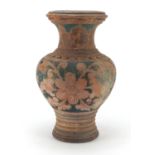 Continental terracotta vase, hand painted with flowers, 39cm high : For Further Condition Reports