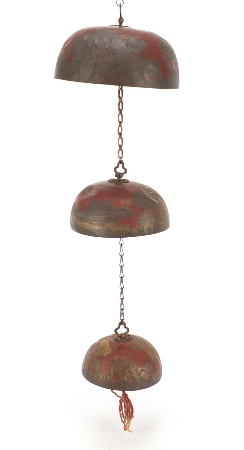 Three graduated Chinese temple bells, including two hand painted and engraved with flowers, the - Image 3 of 5