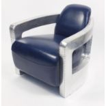 Aviation design club chair with blue leather upholstery, 75cm H x 74cm W x 80cm D : For Further