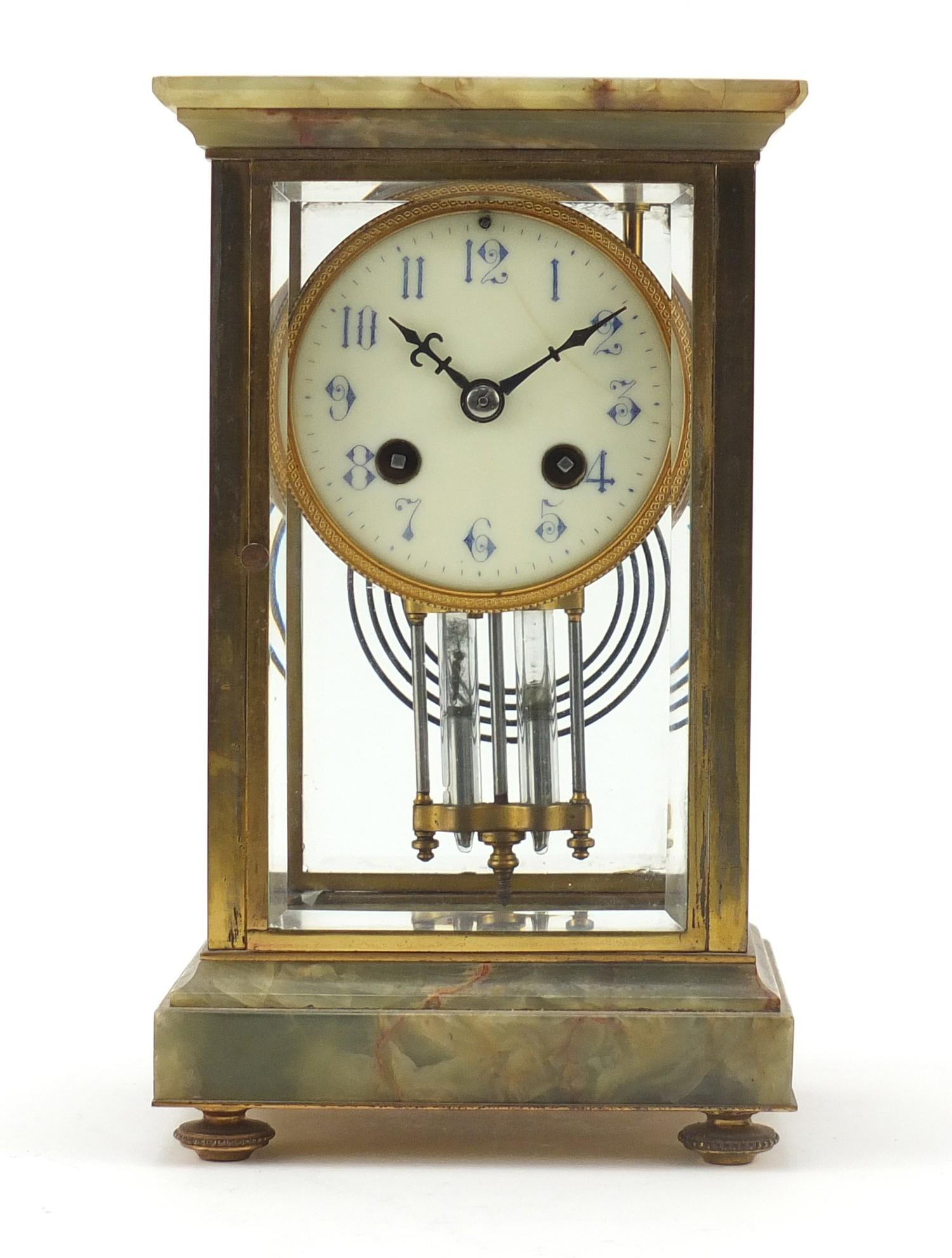 19th century French onyx and brass four glass mantle clock striking on a gong, the enamelled dial - Image 2 of 8