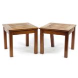 Two teak garden occasional tables, each 41cm H x 45cm W x 45cm D : For Further Condition Reports