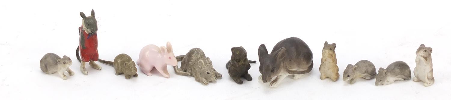 Eleven porcelain, bronze and metal mice, the largest 4cm in length : For Further Condition Reports
