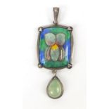 Art Nouveau silver and enamel pendant set with a cabochon green stone, 4.5cm in length, 3.9g : For