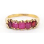 Unmarked gold ruby five stone ring, size M, 3.1g : For Further Condition Reports Please Visit Our