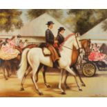 Figures on horseback, oil on board, bearing a signature Doris Zinkeisen, framed, 73cm x 58cm
