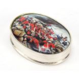 Oval silver snuff box with hinged lid enamelled with a battle scene, 5.5cm wide, 43.2g : For Further