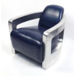 Aviation design club chair with blue leather upholstery, 75cm H x 74cm W x 80cm D : For Further