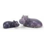 Two Chinese carved hardstone hippopotamuses, the largest 19cm wide : For Further Condition Reports