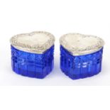 Pair of blue cut glass love heart shaped boxes with sterling silver lids, 4.5cm high : For Further