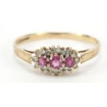 9ct gold ruby and diamond cluster ring, size P, 1.1g : For Further Condition Reports Please Visit