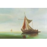 Justin Blake - Boats on a calm sea, oil on canvas, mounted and framed, 74.5cm x 49cm excluding the