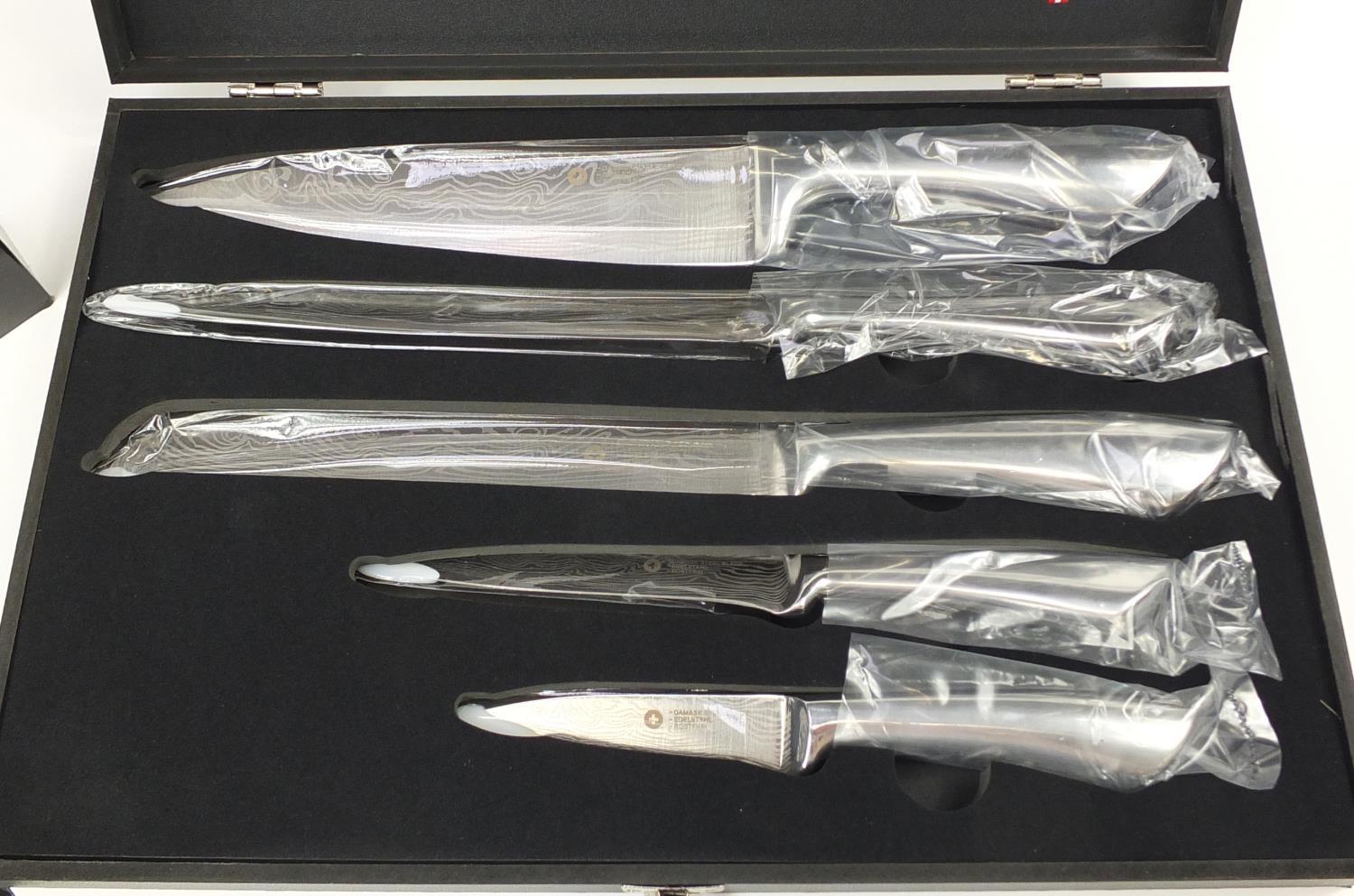 As new Jura Swiss five piece knife set with damask steel blades and fitted case : For Further - Image 2 of 4