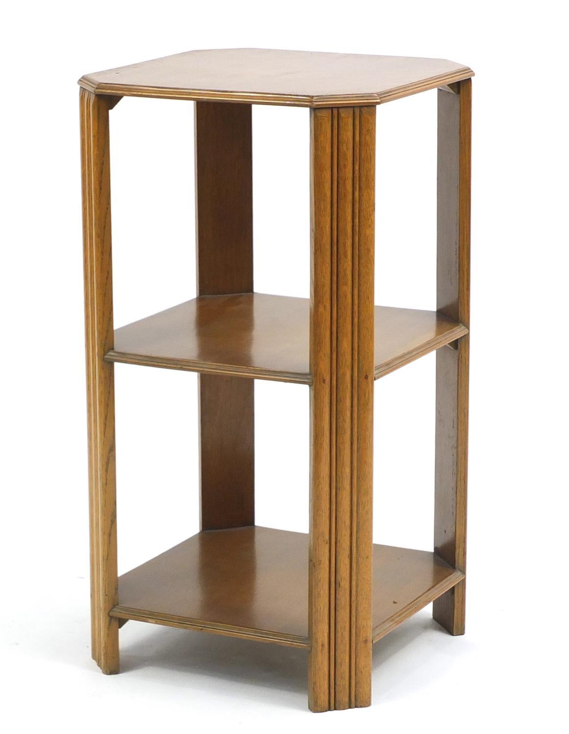 Art Deco oak three tier stand with canted corners, 73cm H x 39cm W x 39cm D : For Further