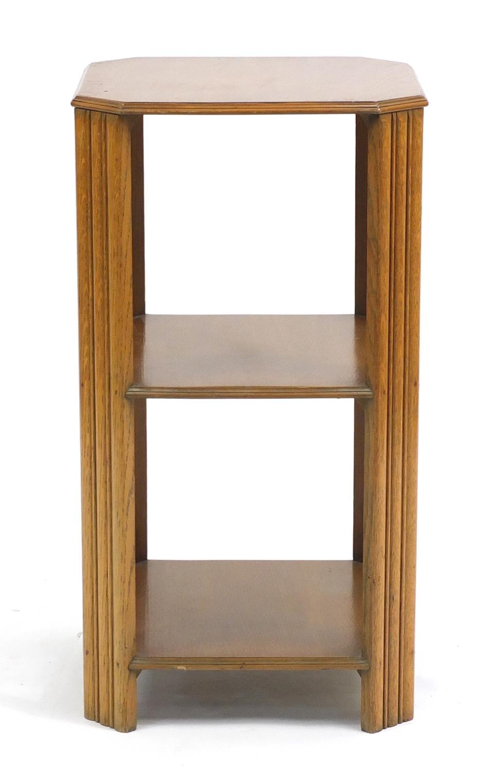 Art Deco oak three tier stand with canted corners, 73cm H x 39cm W x 39cm D : For Further - Image 2 of 4