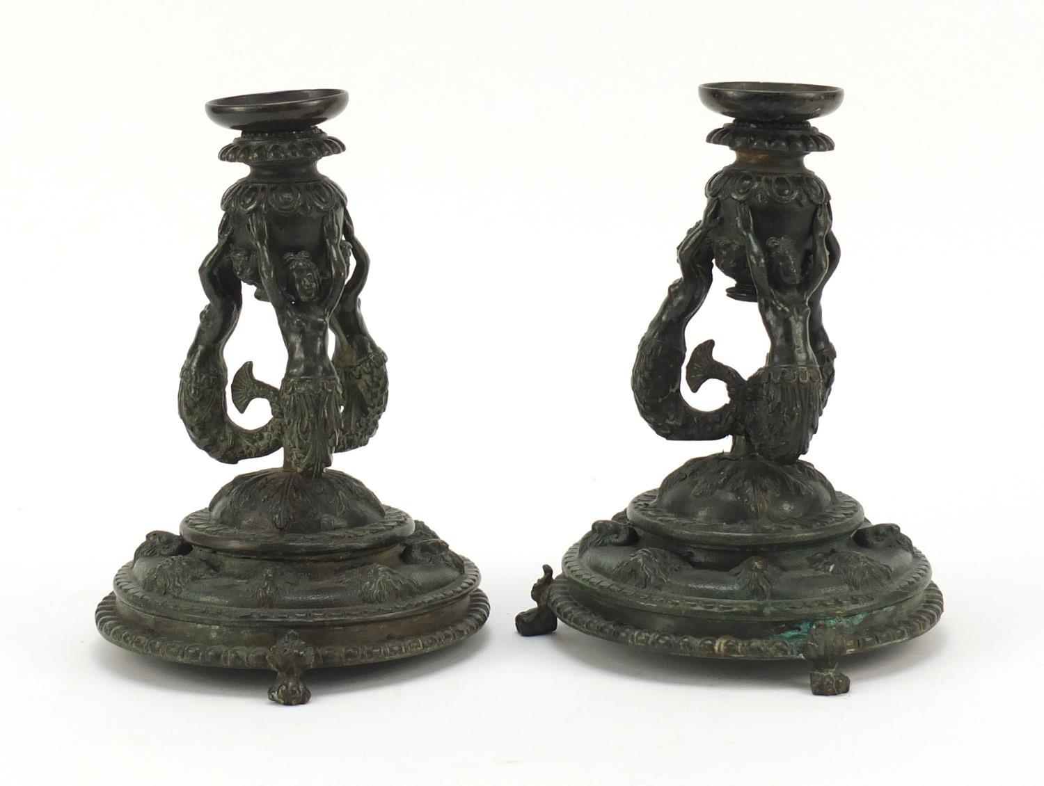 Pair of 19th century Renaissance style patinated bronze candlesticks, having detachable sconces - Image 2 of 6