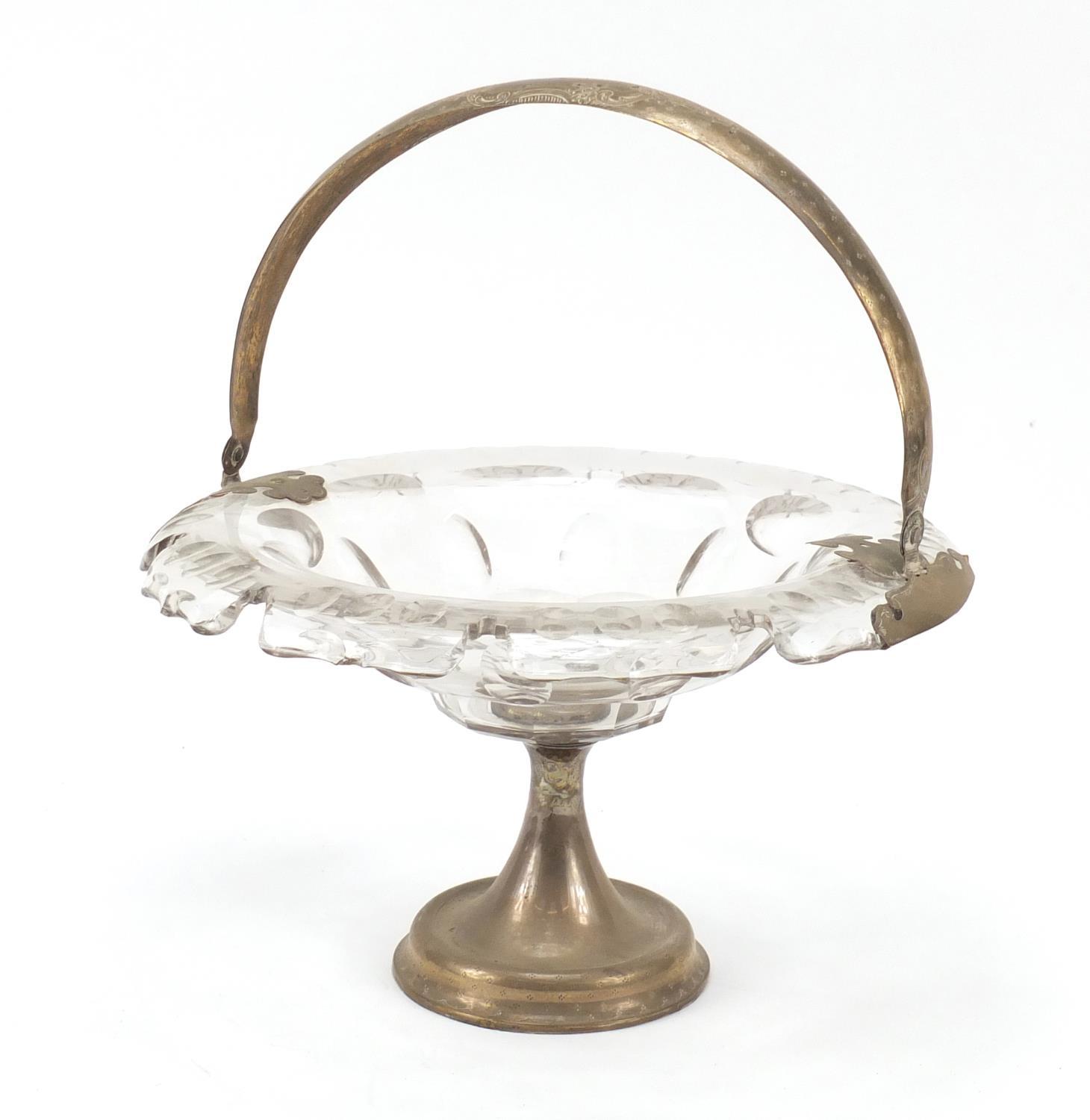 19th century French cut glass baskey with silver swing handle and pedestal, 28cm in diameter : For