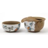 Chinese Yixing terracotta tea bowl spout and one other decorated with birds, the largest 11.5cm wide
