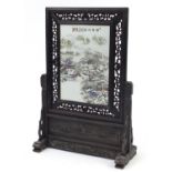 Chinese porcelain and carved hardwood table screen, the panel decorated with a winter snowy