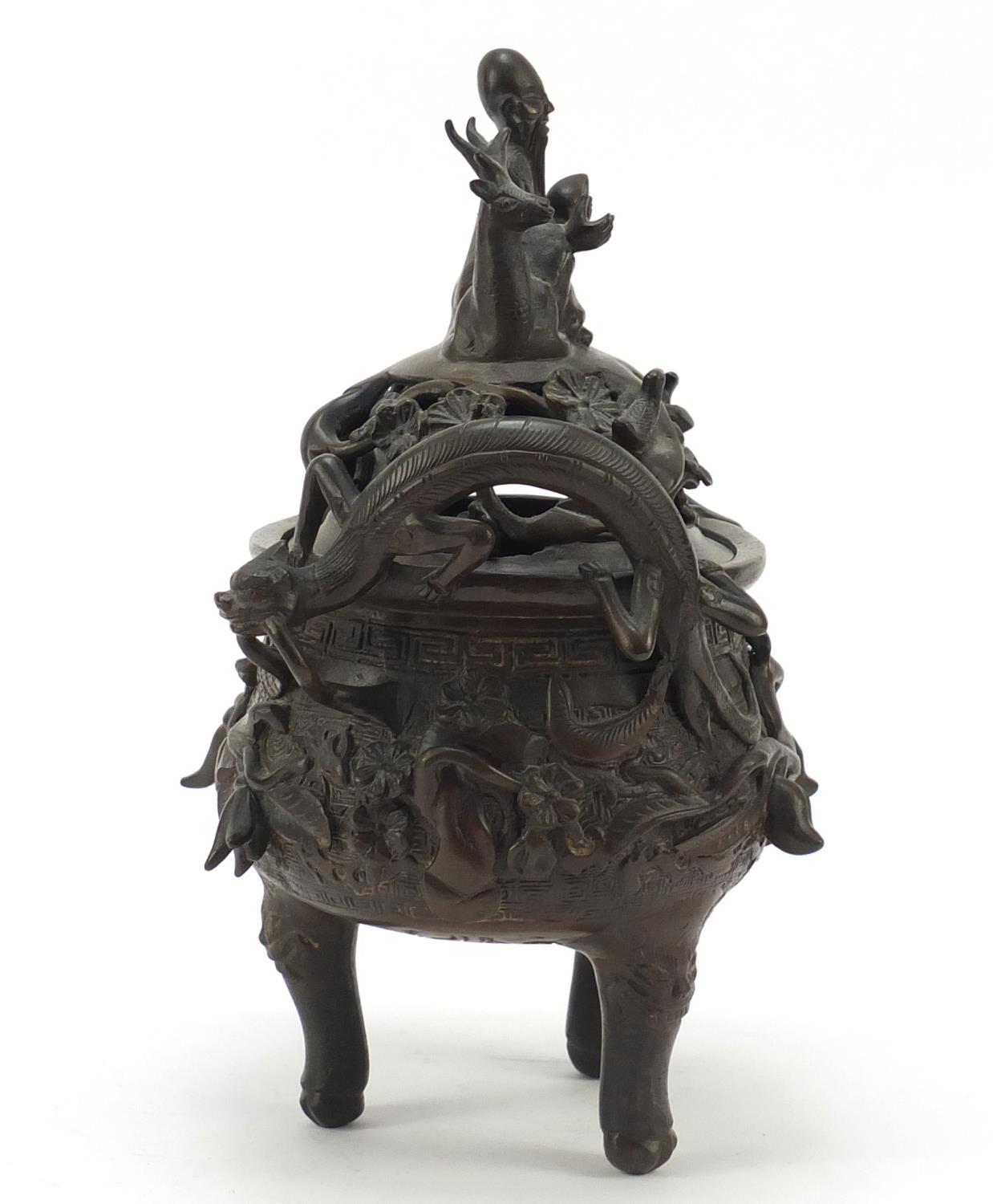 Chinese patinated bronze tripod censer with figural cover, 27cm high : For Further Condition Reports - Image 6 of 10