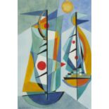 Manner of Emil Bisttram - Abstract composition, ships, American school mixed media on paper,
