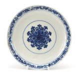 Chinese blue and white porcelain dish hand painted with flowers and precious objects, six figure