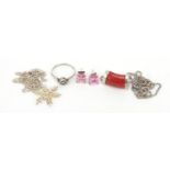 Silver jewellery including necklaces, pink stone earrings and a clear stone solitaire ring, 14.