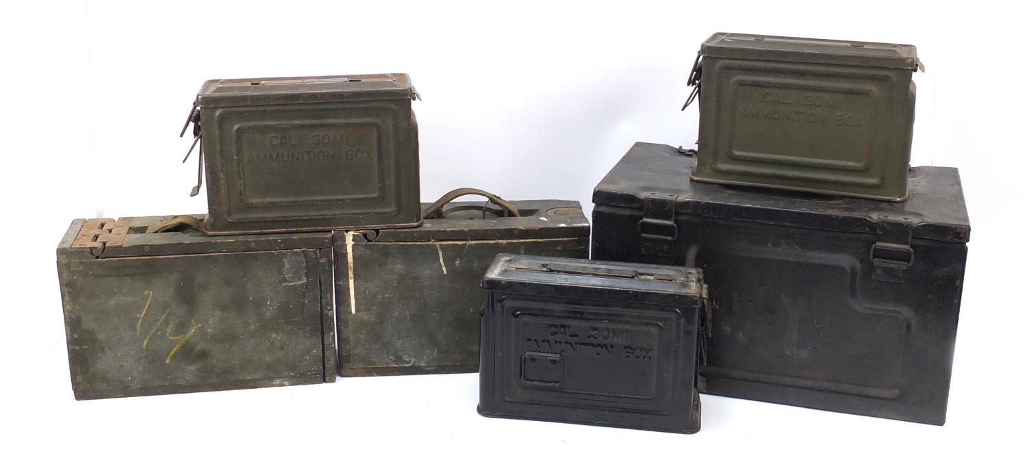 Five military interest wooden and tin ammunition cases and one other, the largest 45cm wide : For - Image 4 of 6