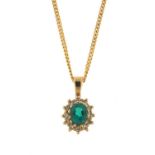 9ct gold green stone and diamond pendant on a 9ct gold necklace, the pendant 1.2cm in length, 3.2g :