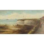 J Williamson - The beach at Margate, signed oil on board, mounted and framed, 50cm x 28cm