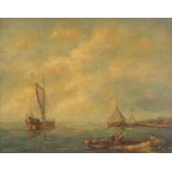 Dutch scene with figures and boats, oil on board, mounted and framed, 24cm x 19cm excluding the