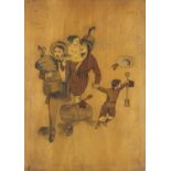 Rectangular olive wood panel inlaid with a family, 33.5cm x 23.5cm : For Further Condition Reports