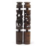 Pair of African carved wood figural candlesticks, 39cm high : For Further Condition Reports Please