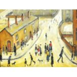 After Laurence Stephen Lowry - Street scene with figures, oil on board, framed, 39cm x 29cm