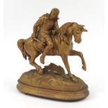 Gilt spelter figure of a knight on horseback, 34cm high : For Further Condition Reports Please Visit
