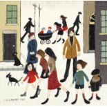 After Laurence Stephen Lowry - Figures in a street, oil on board, framed, 28.5cm x 28.5cm