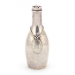 American sterling silver mace pot in the form of a wine bottle with chain and oval decanter label