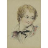 Portrait of a young boy, Victorian heightened watercolour, inscribed verso, mounted, framed and