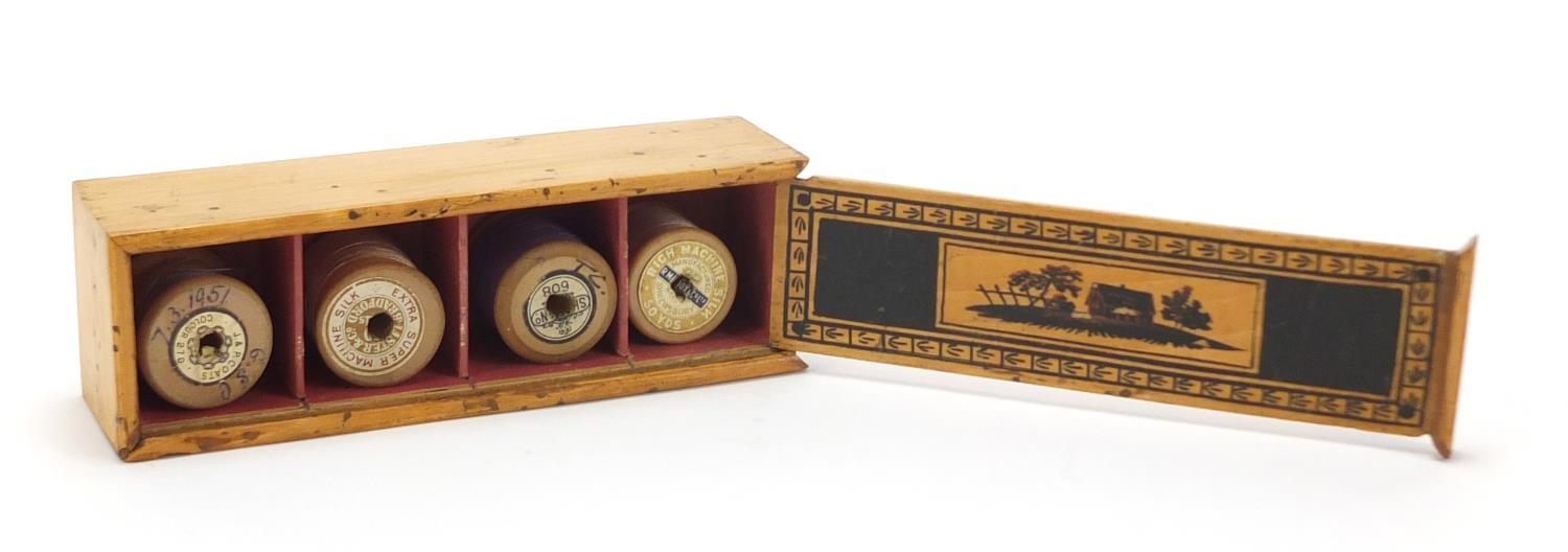 Early Georgian Tunbridgeware whitewood cotton reel box painted with a cottage and trees, 17cm wide : - Image 2 of 12