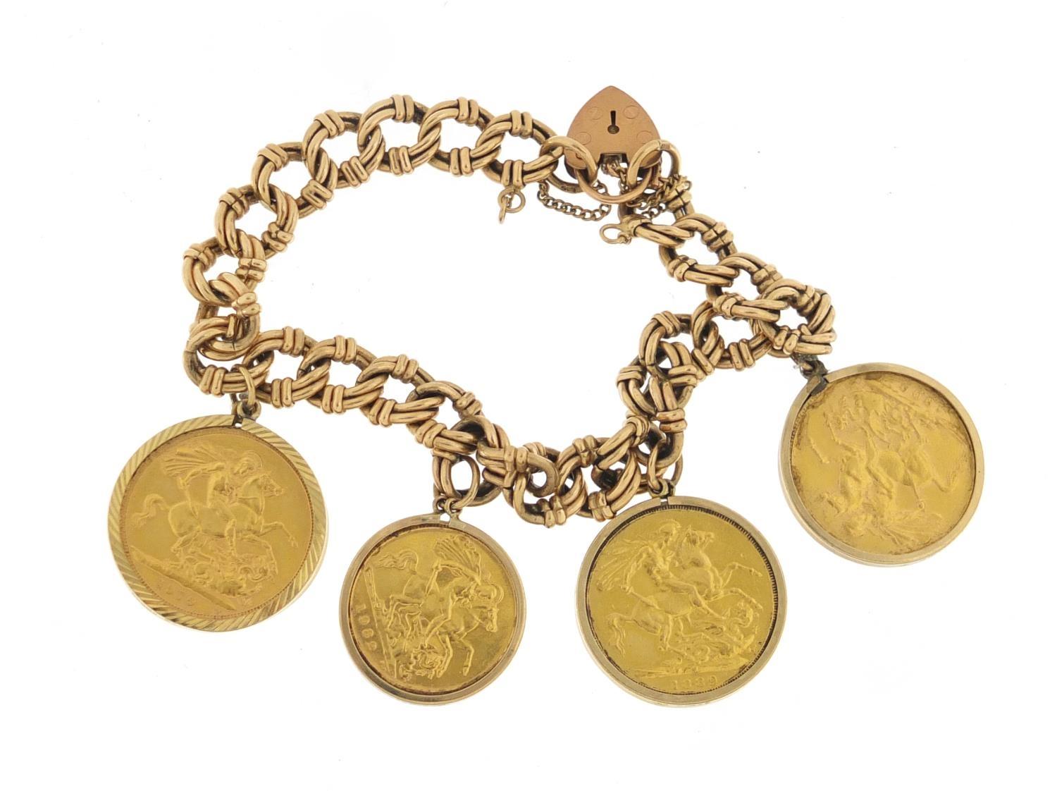9ct gold bracelet mounted with three gold sovereigns and a half sovereign comprising 1889,1909, 1979